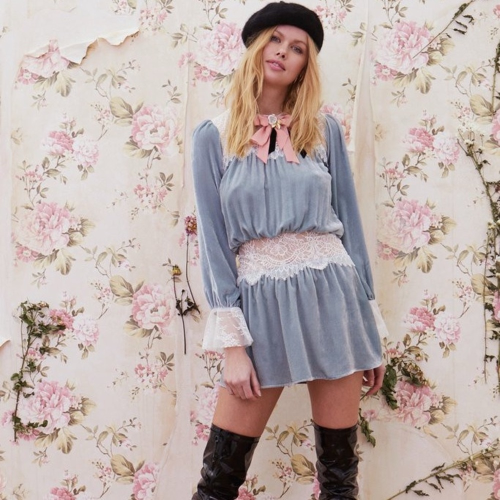 For Love and Lemons Beatrix Lace Velvet Mini Dress Powder Blue